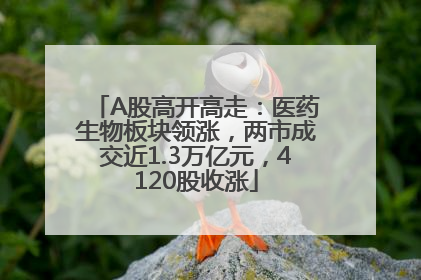 A股高开高走：医药生物板块领涨，两市成交近1.3万亿元，4120股收涨